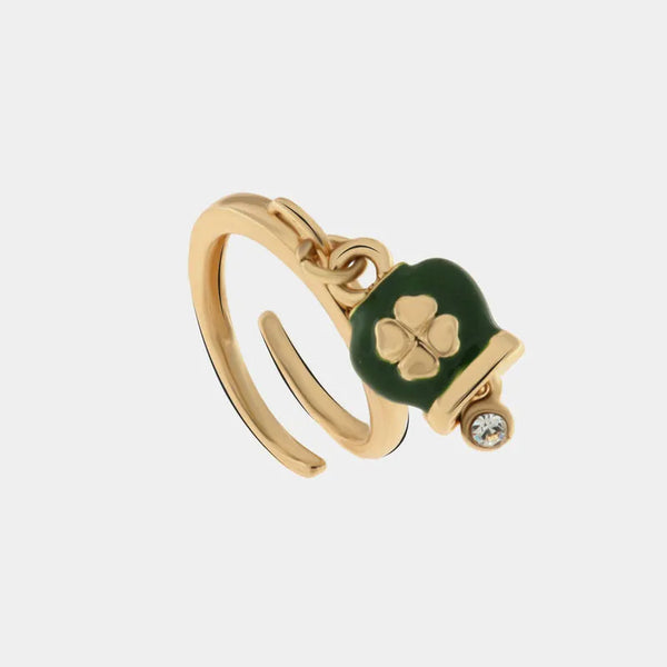 Anello in Metallo con campanella portafortuna verde con quadrifoglio — collezione AMULETI