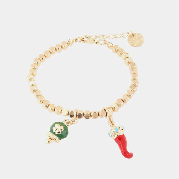 Bracciale in Metallo con ciondoli portafortuna, campanella smaltata verde e corno in smalto rosso — collezione AMULETI