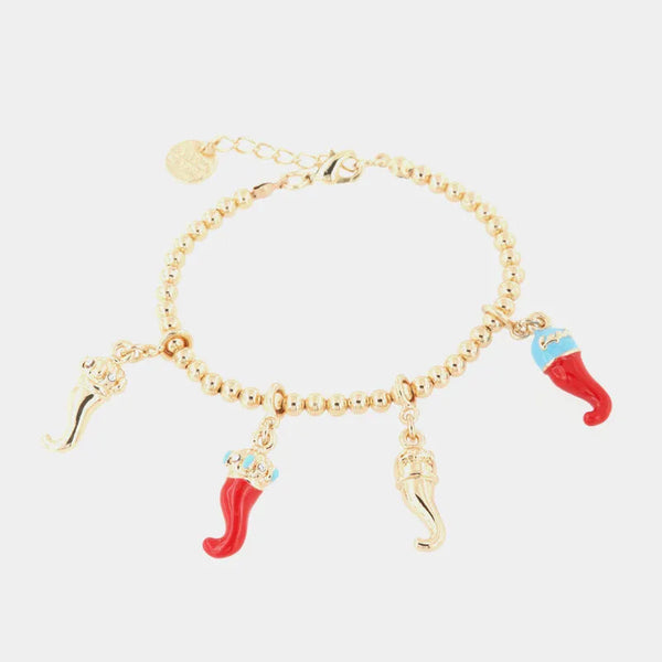 Bracciale in Metallo con cornetti portafortuna pendenti, impreziositi da smalti colorati — collezione AMULETI