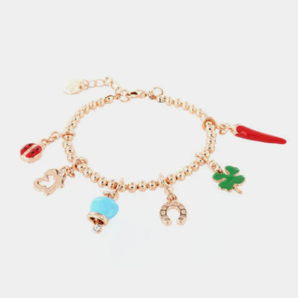 Bracciale in Metallo con corno napoletano, quadrifoglio, coccinella, campana capri — collezione AMULETI