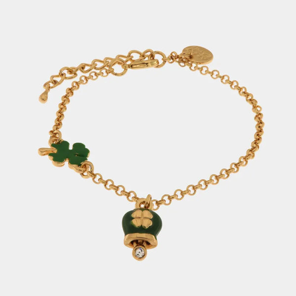 Bracciale in Metallo con cuore e campanella portafortuna verde con quadrifoglio — collezione AMULETI