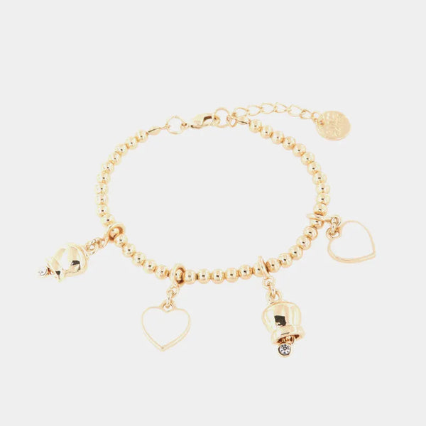 Bracciale in Metallo multi ciondoli a forma di campanella e cuori in smalto bianco — collezione AMULETI