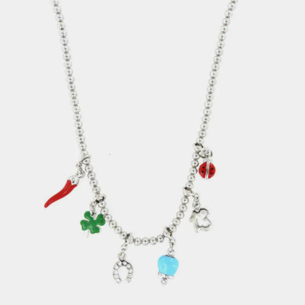 Collana in Metallo Collana in Metallo con corno, quadrifoglio, coccinella, ferro di cavallo e campanella capri — collezione AMULETI