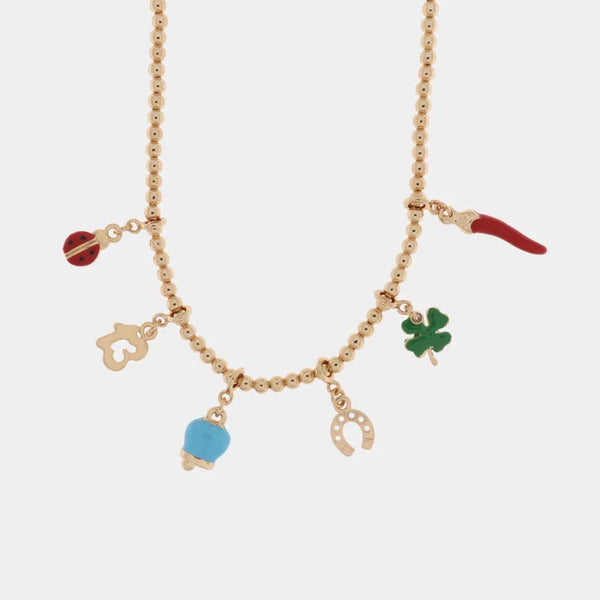 Collana in Metallo con corno napoletano, quadrifoglio, coccinella, campana capri — collezione AMULETI