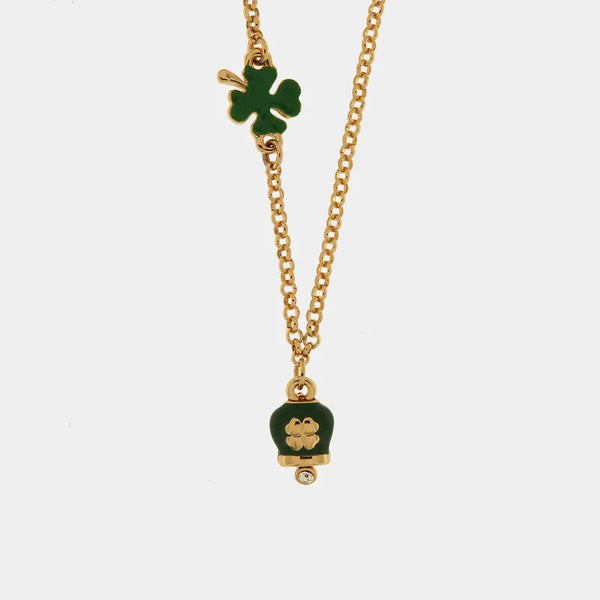 Collana in Metallo con cuore e campanella portafortuna verde con quadrifoglio — collezione AMULETI