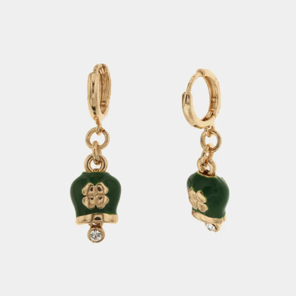 Orecchini in Metallo a cerchio con campanella portafortuna verde con quadrifoglio pendente — collezione AMULETI