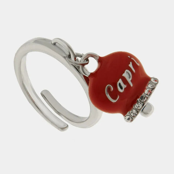 Anello in Acciaio campanella rossa con scritta Capri e zirconi — collezione anima azzurra
