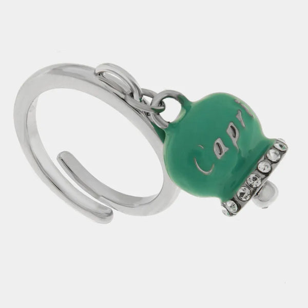 Anello in Acciaio campanella verde acqua con scritta Capri e zirconi — collezione anima azzurra