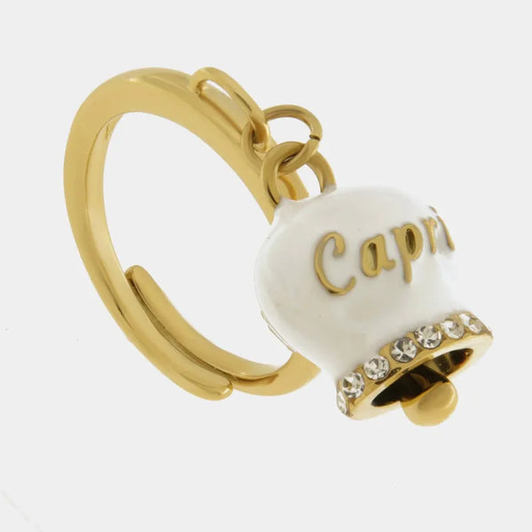 Anello in Acciaio con campanella bianca e oro con scritta Capri — collezione anima azzurra