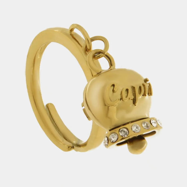 Anello in Acciaio con campanella placcata oro   con scritta Capri — collezione anima azzurra