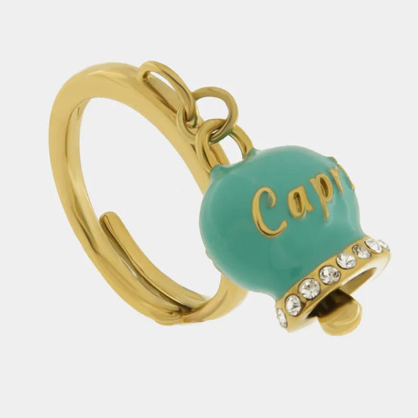 Anello in Acciaio con campanella verde con scritta Capri — collezione anima azzurra