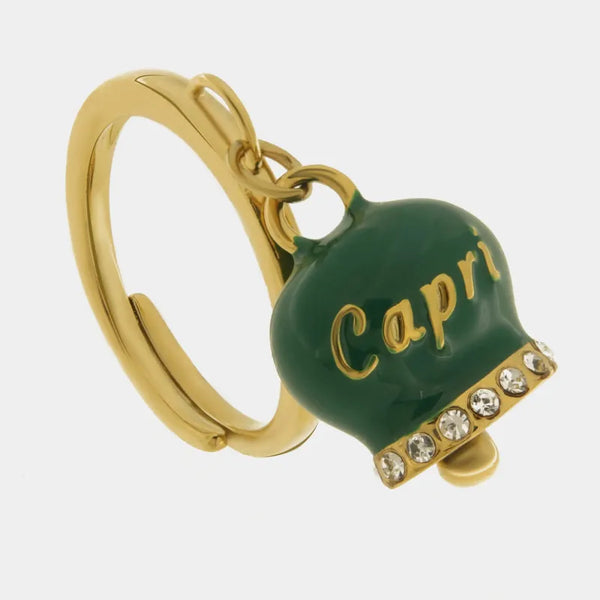 Anello in Acciaio con campanella verde scura   con scritta Capri — collezione anima azzurra