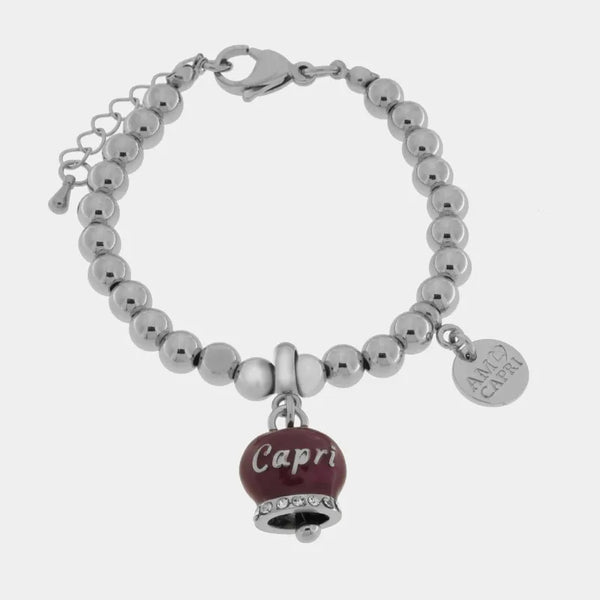Bracciale in Acciaio a perline con campanella borgogna   con scritta Capri — collezione anima azzurra