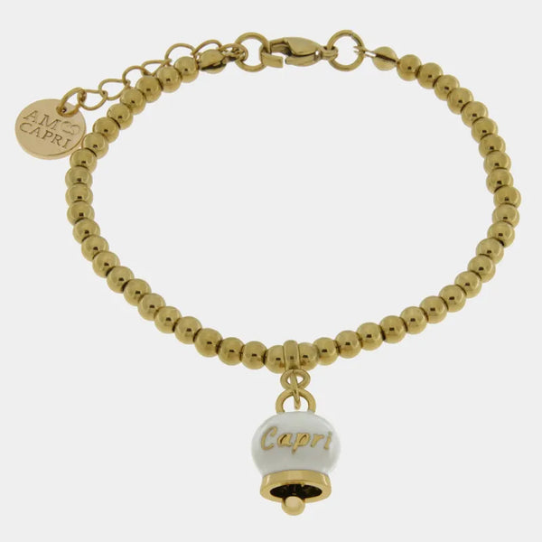 Bracciale in Acciaio a perline con campanella  pendente bianca e oro  con scritta Capri — collezione anima azzurra