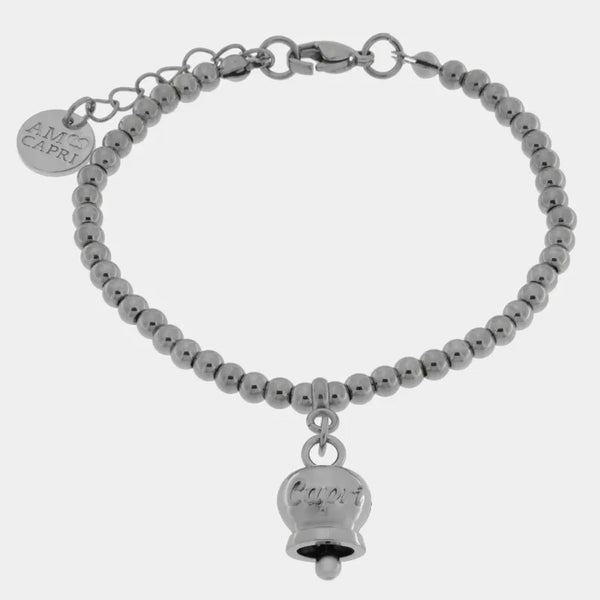 Bracciale in Acciaio a perline con campanella  pendente  con scritta Capri — collezione anima azzurra