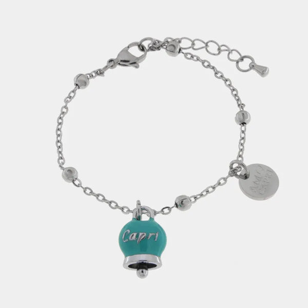 Bracciale in Acciaio Campanella Portafortuna Capri - Colore Turchese — collezione anima azzurra