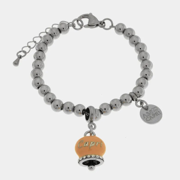 Bracciale in Acciaio campanella rosa antico con scritta Capri e zirconi — collezione anima azzurra