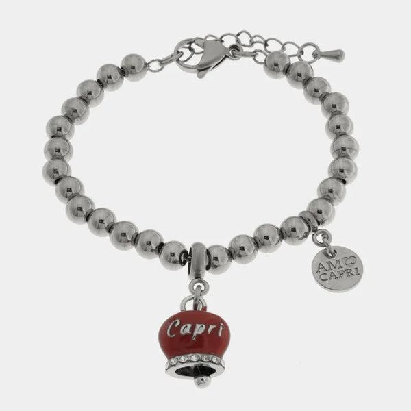 Bracciale in Acciaio  campanella rossa con scritta Capri e zirconi — collezione anima azzurra