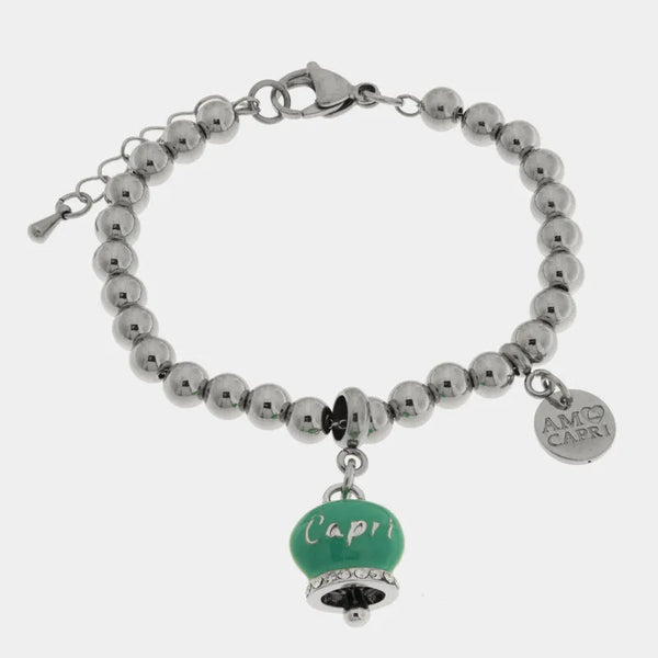 Bracciale in Acciaio campanella verde acqua con scritta Capri e zirconi — collezione anima azzurra