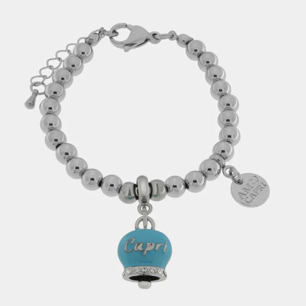 Bracciale in Acciaio  con campanella  azzurra   con scritta Capri — collezione anima azzurra