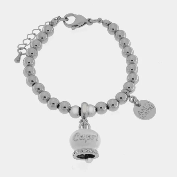 Bracciale in Acciaio con campanella  bianca con scritta Capri — collezione anima azzurra
