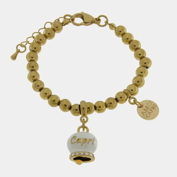 Bracciale in Acciaio  con campanella  bianca e oro  con scritta Capri — collezione anima azzurra
