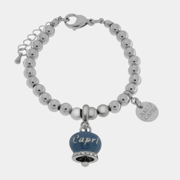 Bracciale in Acciaio con campanella blu   con scritta Capri — collezione anima azzurra
