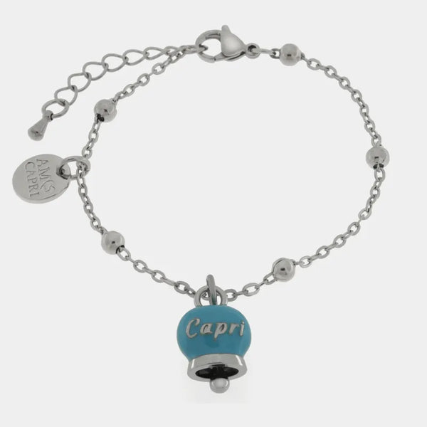 Bracciale in Acciaio con campanella pendente azzurra   con scritta Capri — collezione anima azzurra