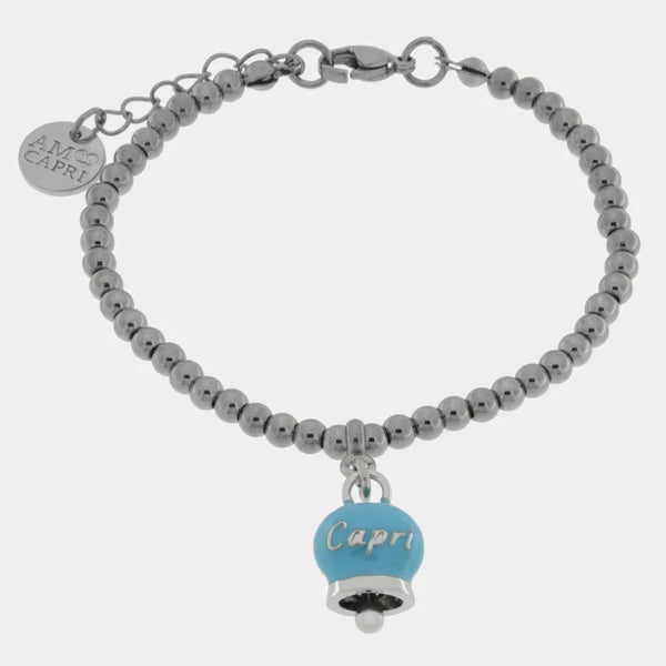 Bracciale in Acciaio  con campanella pendente azzurra  con scritta Capri — collezione anima azzurra