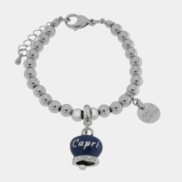 Bracciale in Acciaio  con campanella pendente azzurra   con scritta Capri — collezione anima azzurra