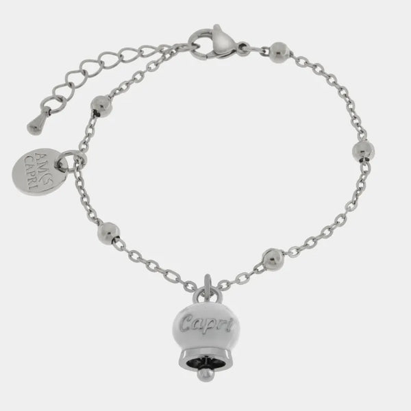 Bracciale in Acciaio con campanella  pendente  bianca con scritta Capri — collezione anima azzurra