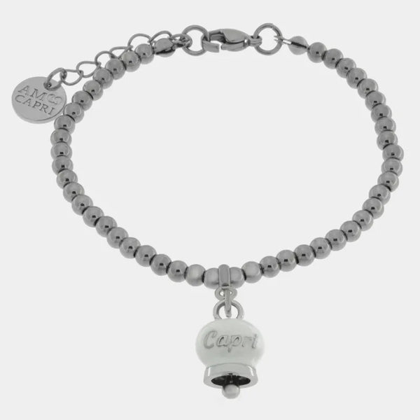 Bracciale in Acciaio con campanella  pendente bianca  con scritta Capri — collezione anima azzurra