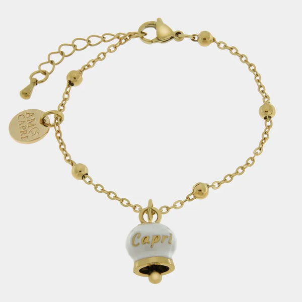 Bracciale in Acciaio con campanella  pendente  bianca  e oro con scritta Capri — collezione anima azzurra
