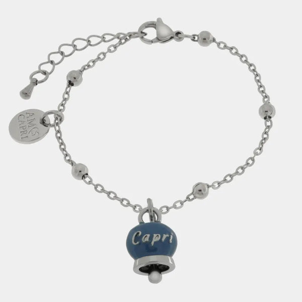 Bracciale in Acciaio con campanella pendente blu cobalto   con scritta Capri — collezione anima azzurra