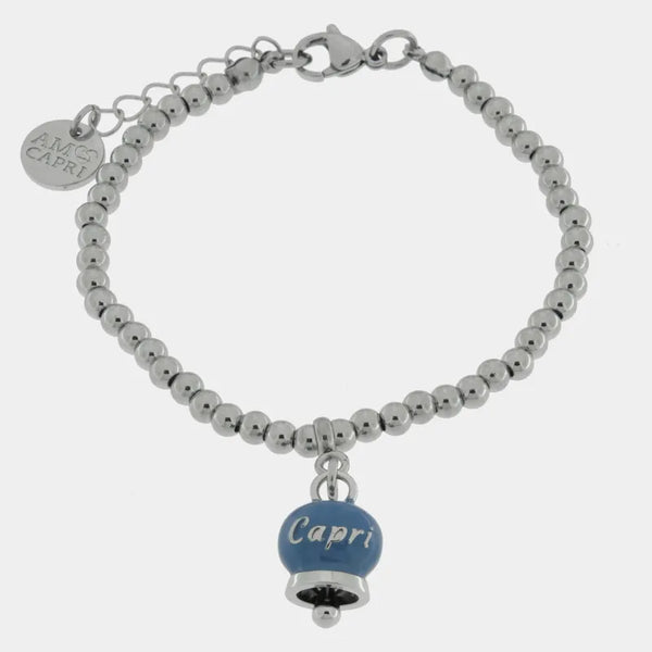 Bracciale in Acciaio  con campanella pendente blu cobalto   con scritta Capri — collezione anima azzurra