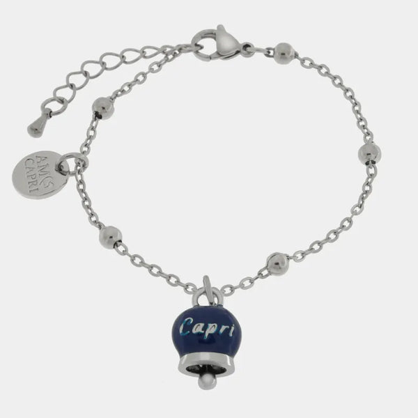 Bracciale in Acciaio con campanella pendente blu   con scritta Capri — collezione anima azzurra