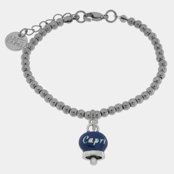 Bracciale in Acciaio con campanella pendente blu   con scritta Capri — collezione anima azzurra