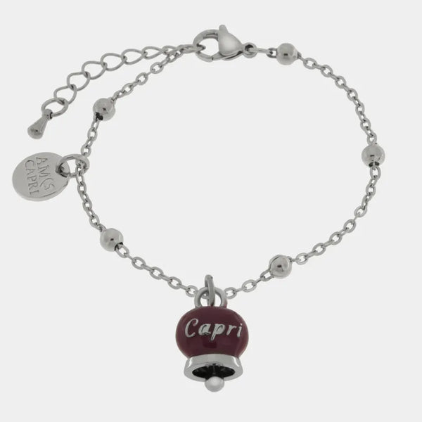 Bracciale in Acciaio con campanella pendente borgogna   con scritta Capri — collezione anima azzurra