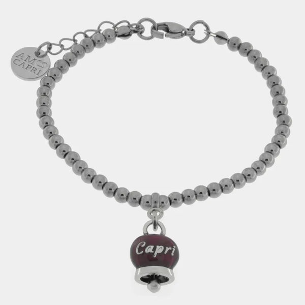 Bracciale in Acciaio   con campanella pendente borgogna   con scritta Capri — collezione anima azzurra
