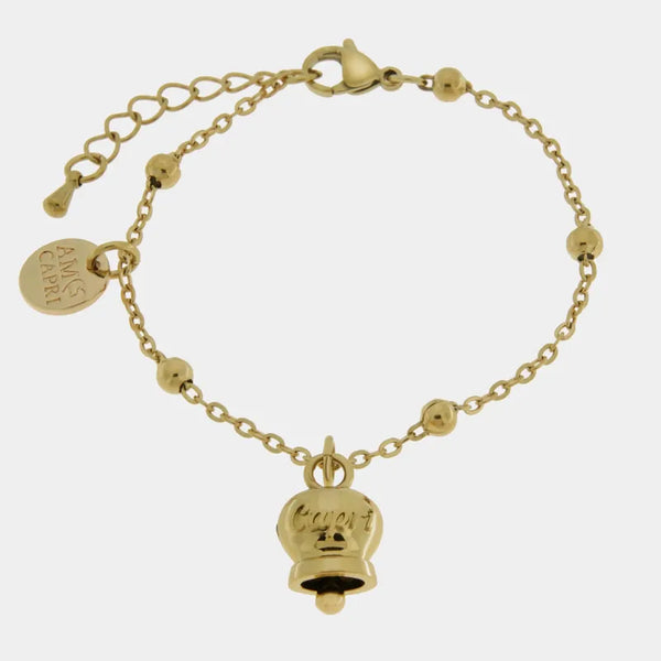 Bracciale in Acciaio con campanella pendente placcata oro   con scritta Capri — collezione anima azzurra