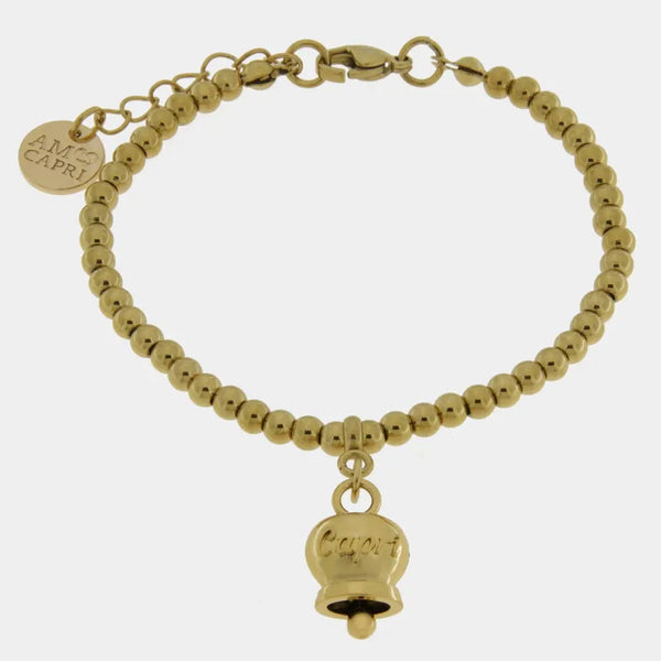 Bracciale in Acciaio con campanella pendente placcata oro   con scritta Capri — collezione anima azzurra