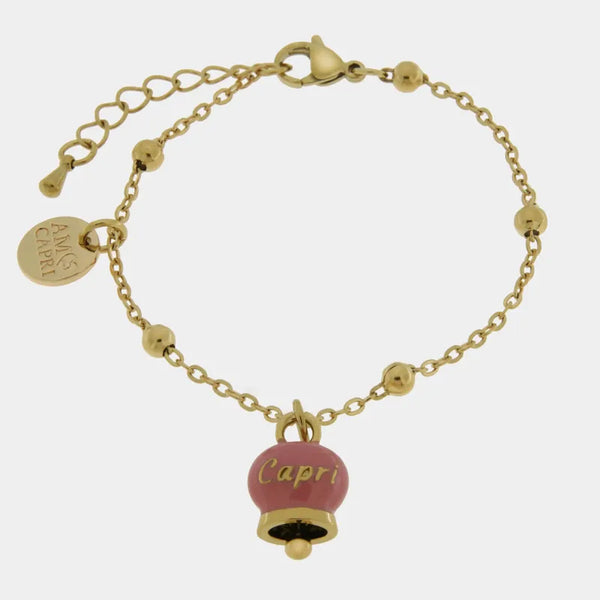 Bracciale in Acciaio con campanella  pendente  rosa con scritta Capri — collezione anima azzurra