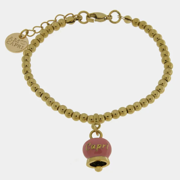 Bracciale in Acciaio  con campanella  pendente rosa  con scritta Capri — collezione anima azzurra
