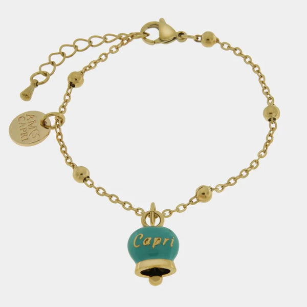 Bracciale in Acciaio con campanella  pendente  verde con scritta Capri — collezione anima azzurra