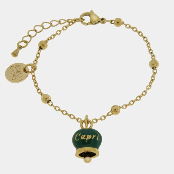 Bracciale in Acciaio con campanella pendente verde   con scritta Capri — collezione anima azzurra