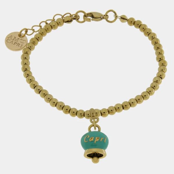 Bracciale in Acciaio  con campanella  pendente verde  con scritta Capri — collezione anima azzurra