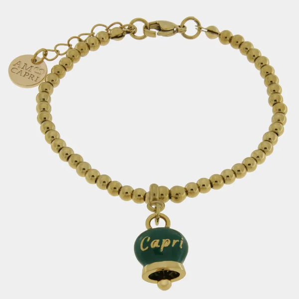 Bracciale in Acciaio  con campanella pendente verde   con scritta Capri — collezione anima azzurra