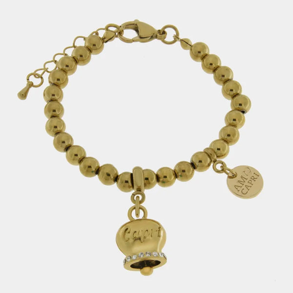 Bracciale in Acciaio con campanella placcata oro   con scritta Capri — collezione anima azzurra