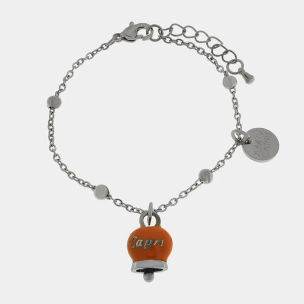 Bracciale in Acciaio con Campanella Portafortuna Estate Mediterranea di Capri - Colore Ammanst Orange — collezione anima azzurra