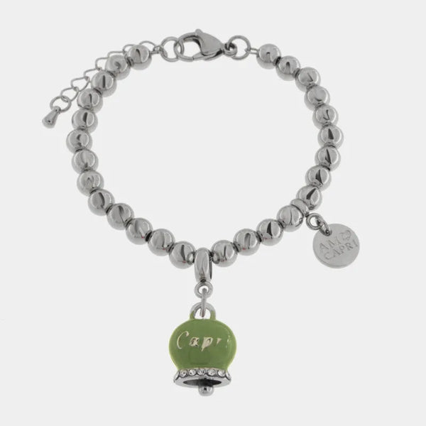 Bracciale in Acciaio con Campanella Portafortuna Capri - Colore Verde Menta — collezione anima azzurra
